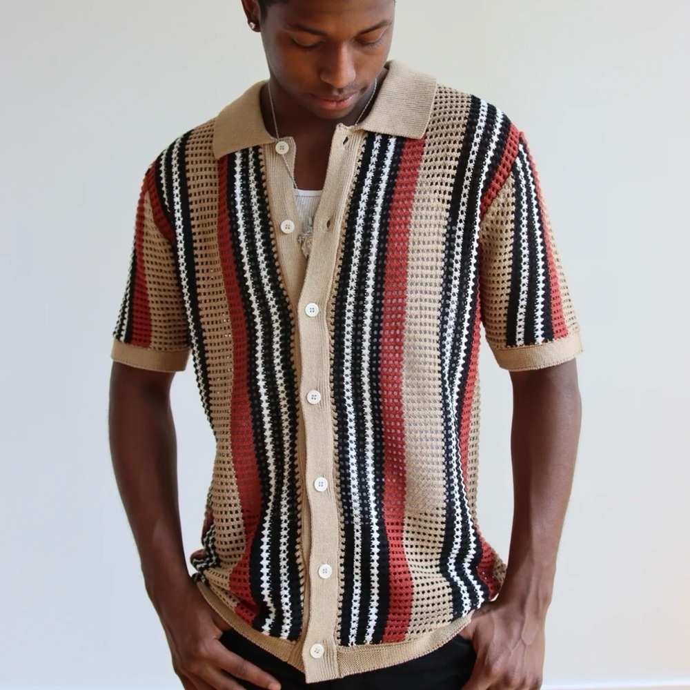 Massive Luxury Edition Sweater Men Large Browns Crochet Knit Polo Shirt Button